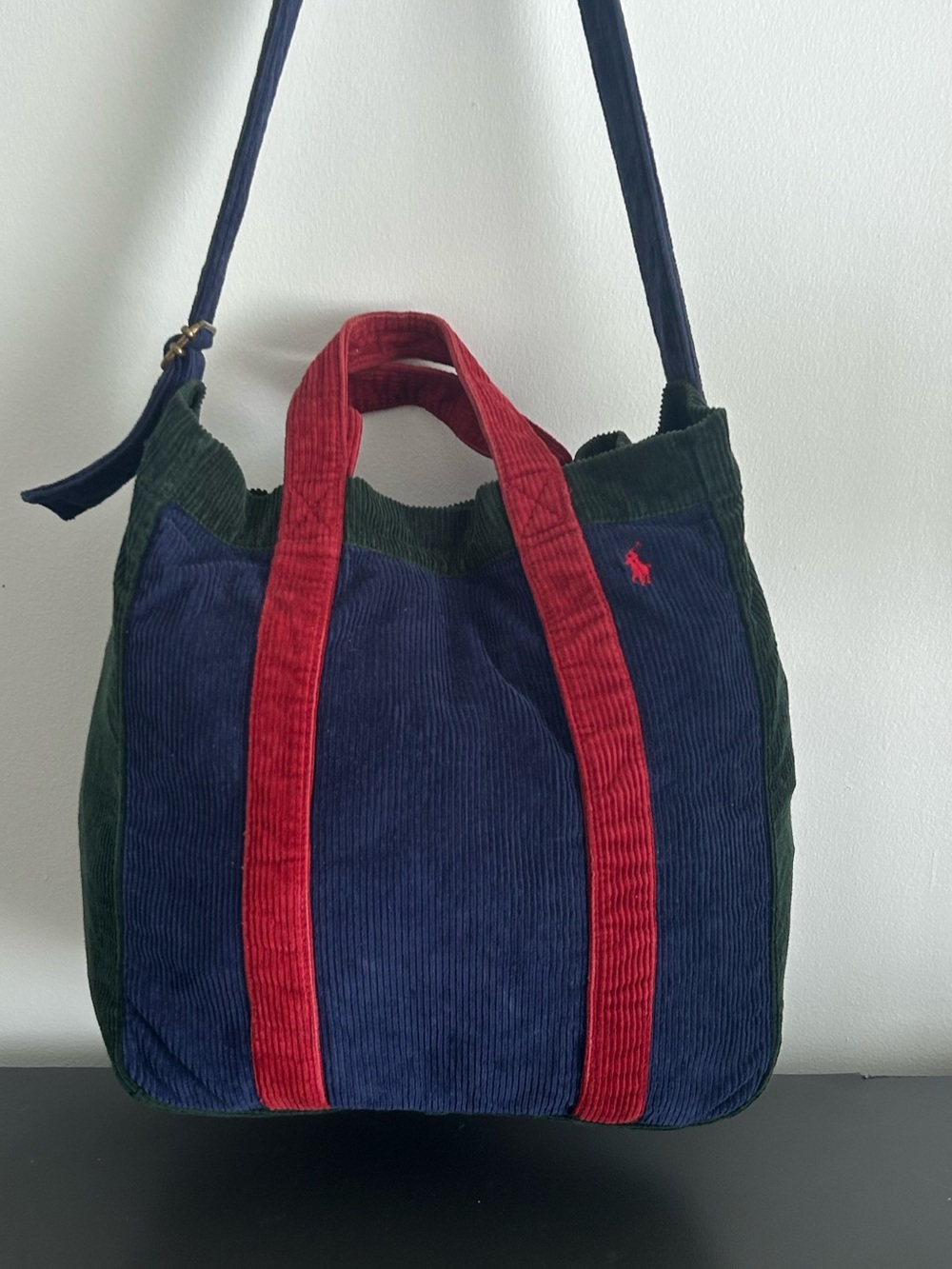 Polo Ralph Lauren Colorblock Corduroy Tote Crossbody bookbag Navy Green Red Tote - Picture 11 of 11
